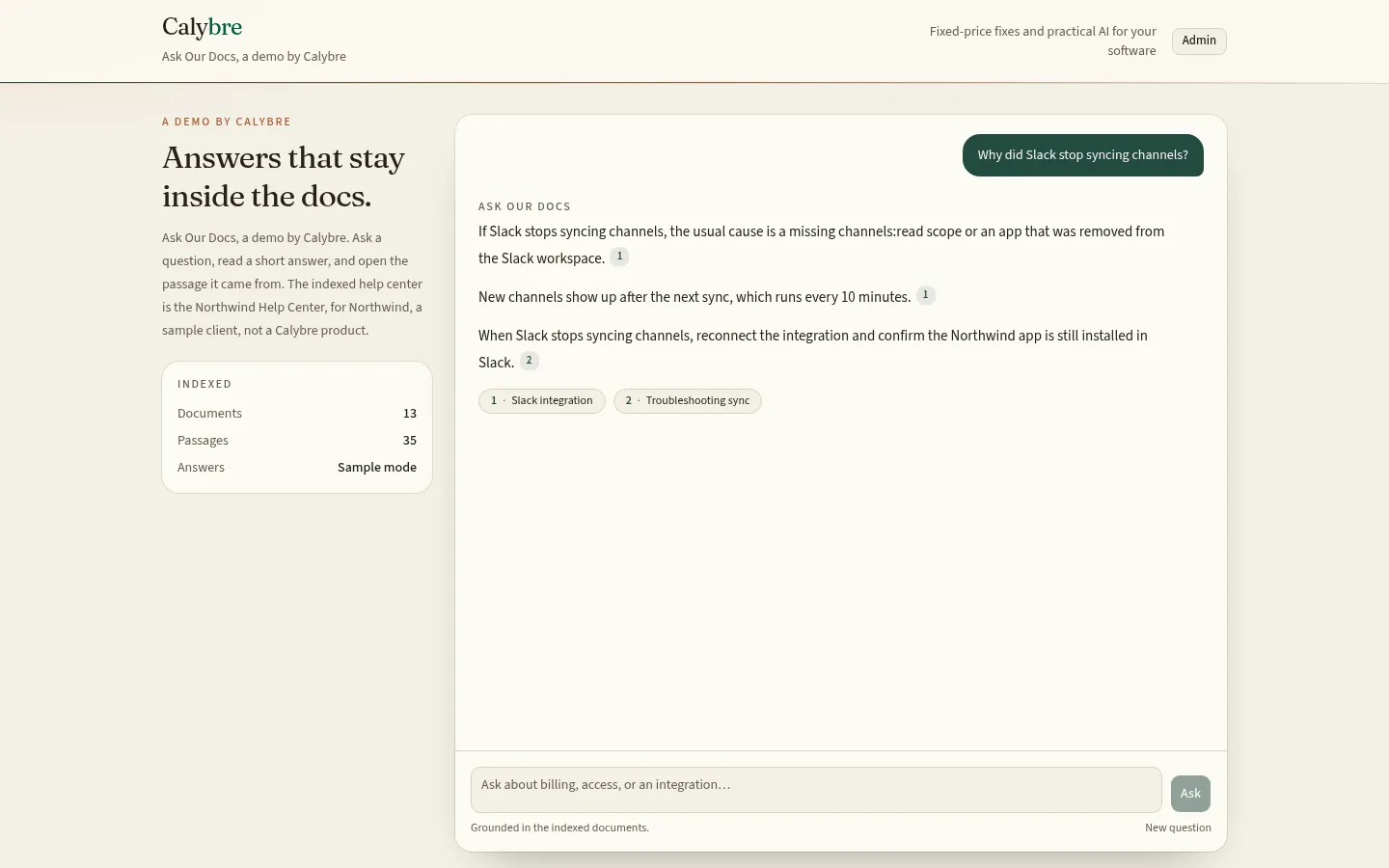 Ask Our Docs demo project by Calybre: a cited answer about a Slack sync issue, using the fictional Northwind help center.